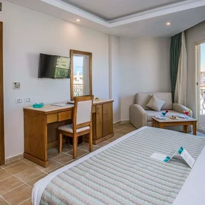 A Bedroom With A Bed Desk And Couches